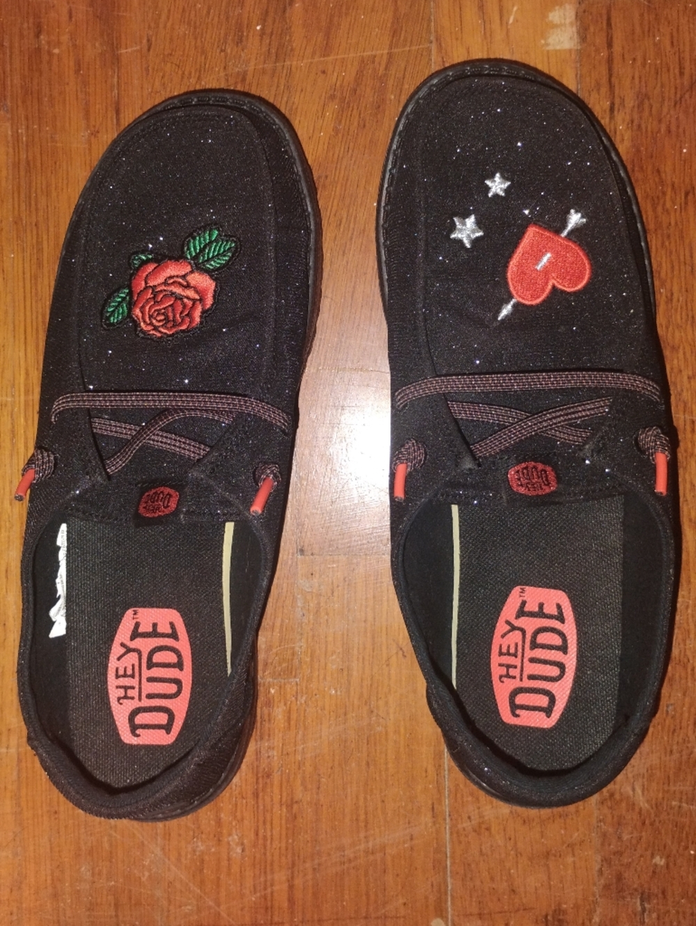Hey Dude Wendy Stardust Patches Black Glitter Slip-On Shoes with Rose & Heart